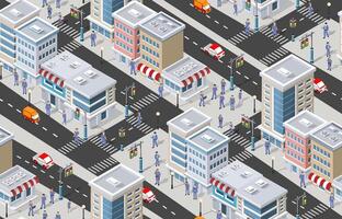 Isometric seamless pattern with people walking on the street. vector