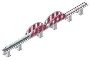 A train is traveling on a track with red and white stripes vector