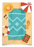 Summer Element and Towel on Sandy Beach Background vector