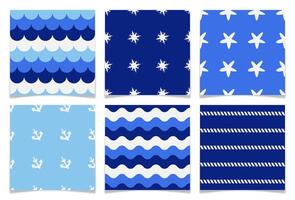 Collection of minimalistic nautical seamless patterns in blue and white colors. Set of sea and sailor themed ornaments. Wave, anchor, starfish, rope and compass rose elements. Flat illustration vector