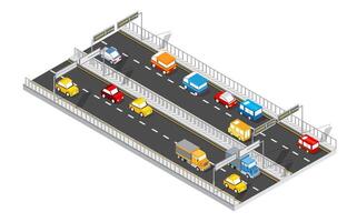 Isometric view of a bridge with cars on it vector