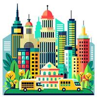 Cityscape with school buses and buildings vector