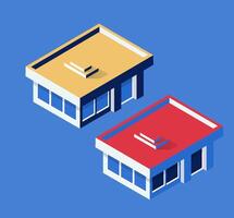 Two small buildings with red and blue roofs vector