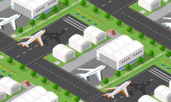 Airport isometric seamless pattern with airport terminal, airplanes and buildings vector