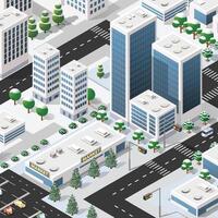 Isometric city with buildings, trees and cars vector