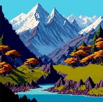 An old style pixel art painting of a mountain range vector