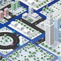 Isometric city with trees, buildings and roads. vector