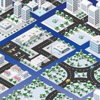 Isometric city with buildings, trees and roads. vector