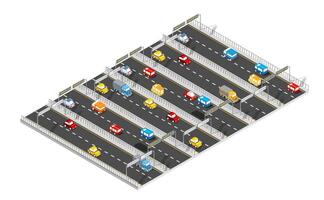 Isometric view of a highway with cars and trucks vector