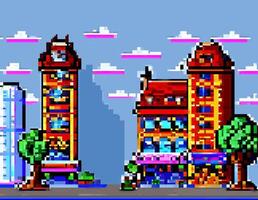 Pixel art of a city with buildings and trees vector