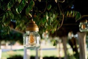 Jar lamp hangs from the ceiling of a pergola entwined with green branches in the garden photo