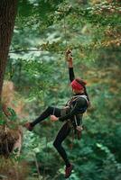 In sportive clothes, high up on the rope... Woman is doing climbing in the forest by the use of safety equipment photo