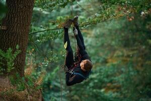 Up ,on, the rope, hanging. Man is doing climbing in the forest by use of safety equipment photo