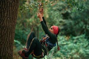 Climbing in .the forest. Woman is in the forest using the safety equipment photo