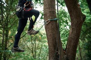 Close,, up particle view. Man is doing climbing in the forest by use of safety equipment photo