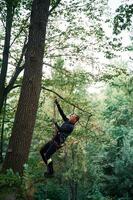 Extreme, sports, high up. Man, is doing climbing in the forest by use of safety equipment photo