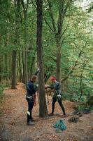 In, the forest. Man and woman doing climbing with use of safety equipment photo