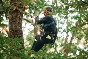 Extreme sports,, high up. Man is doing climbing in the forest by use of safety equipment photo
