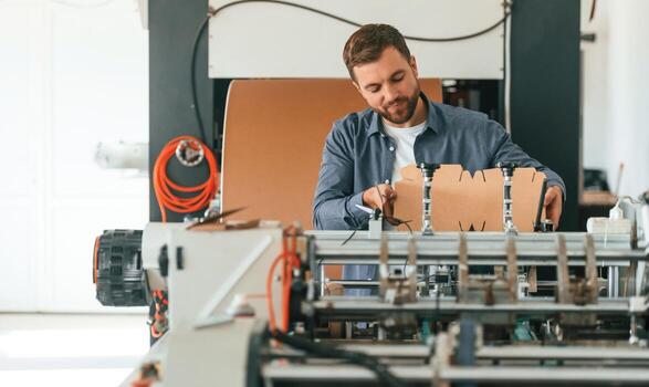 Front view. Handsome man is working ,at ,the factory of creating eco boxes photo
