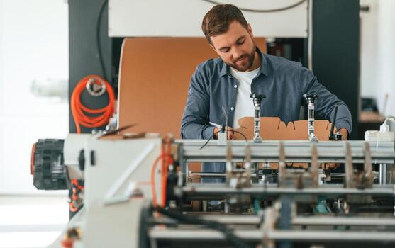 Front ,,view. Handsome man is working at the factory of creating eco boxes photo