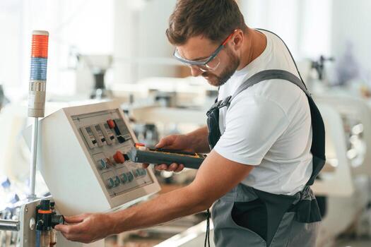 View, from, the side, using machine. Handsome man is working at the factory of creating eco boxes photo
