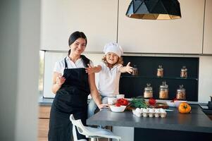 Front, view. Mother, with her, daughter are preparing food on the kitchen photo