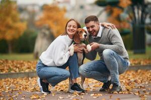 Sitting, resting. Lovely couple are with their cute dog outdoors photo