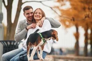 Smiling, having fun. Lovely couple, are, with their cute dog outdoors photo