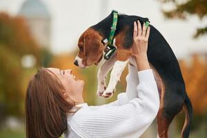 Side view, playing with pet.. Young ,woman is with her dog in the park photo
