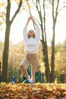 Illuminated by, sunlight. Young beautiful woman is doing yoga in the autumn park photo