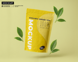 mockup of Stand-up pouch of herbs floating with leaves psd