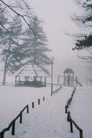 Gazebos by a snow-covered path in a winter foggy park photo
