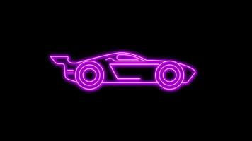 Purple glowing neon line of racing car icon, on black background, 4K motion graphics animation neon effect. video