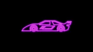 Purple glowing neon line of racing car icon, on black background, 4K motion graphics animation, neon effect video