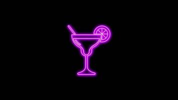 Purple glowing neon line of glass of drinking icon, on black background, 4K motion graphics animation, neon effect video