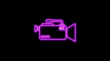Purple glowing neon line of camera icon, on black background, 4K motion graphics animation, neon effect video