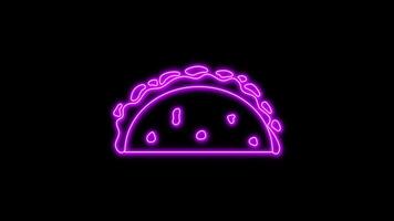 Purple glowing neon line of beef taco icon, on black background, 4K motion graphics animation, neon effect video
