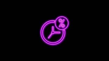 Purple glowing neon line of watch with percentage icon, on black background, 4K motion graphics animation, neon effect video