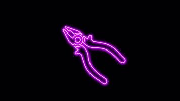 glowing neon line of pliers icon, on black background, 4K motion graphics animation, neon effect video