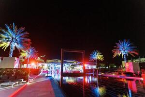 Colorful illumination of palm trees along the banks of the pool with a rectangular frame photo