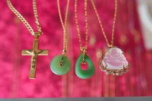 a collection of necklaces with different colors photo