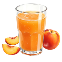 A Watercolor filled with peach juice beside a whole peach and two peach slices on a plain setting on transparent background png