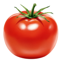 A Watercolor ripe tomato with green stem and leaves in a studio setting against a plain backdrop on transparent background png