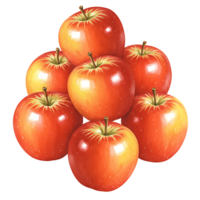 A Watercolor of seven red apples arranged in a pyramid shape against a plain colored backdrop studio shot on transparent background png