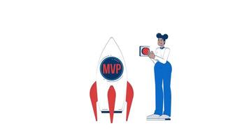Female entrepreneur launching MVP startup rocket hand drawn whiteboard animation. Start-up founder pressing button minimum viable product animated doodle handdrawn concept pencil drawing 4K video