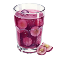 A Watercolor filled with a purple beverage and grapes with sliced grapes on the side on a plain backdrop on transparent background png
