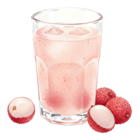 A Watercoloring Watercolor of lychee juice with ice cubes and Watercolor lychees on a plain colored surface area on transparent background png