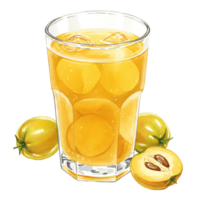 A Watercolor of yellow juice with fruit pieces and ice cubes alongside whole and halved star apples near the Watercolor on transparent background png
