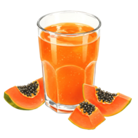 A reWatercoloring papaya juice in a Watercolor with slices of papaya fruit beside the Watercolor on a plain space on transparent background png