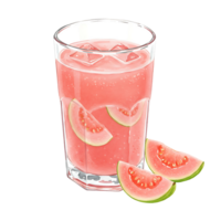 A Watercolor of pink guava juice with ice cubes and guava slices next to the Watercolor on a plain setting on transparent background png